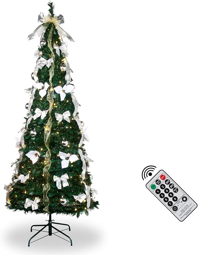 GameXcel 6.5FT Pop Up Christmas Tree with Lights and Decorations & Remote & Timer, Prelit Fully Decorated Pull Up Artificial Christmas Tree with Xmas Ball Ornaments Bows Ribbons for Xmas Party Decor