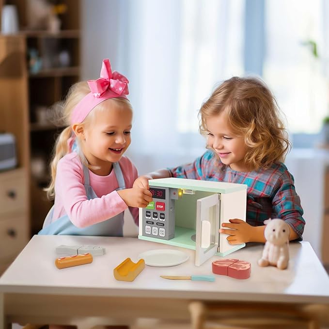 Toddler Play Kitchen Toys, Wooden Microwave Oven with Light and Realistic Sound, Pretend Play Kitchen Accessories, Learning Toy Birthday Gifts for Boys Girls 3-8 Year Old