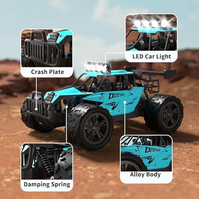 Remote Control Car Monster Truck Toys 1:16 Scale RC Car For Boys 2.4GHz High Speed 20 km/h With LED Headlights,Rechargeable RC Cars Gifts for Boys 4-7 8-12 Christmas, Beginner, Kids 6-12+ (Cyan)