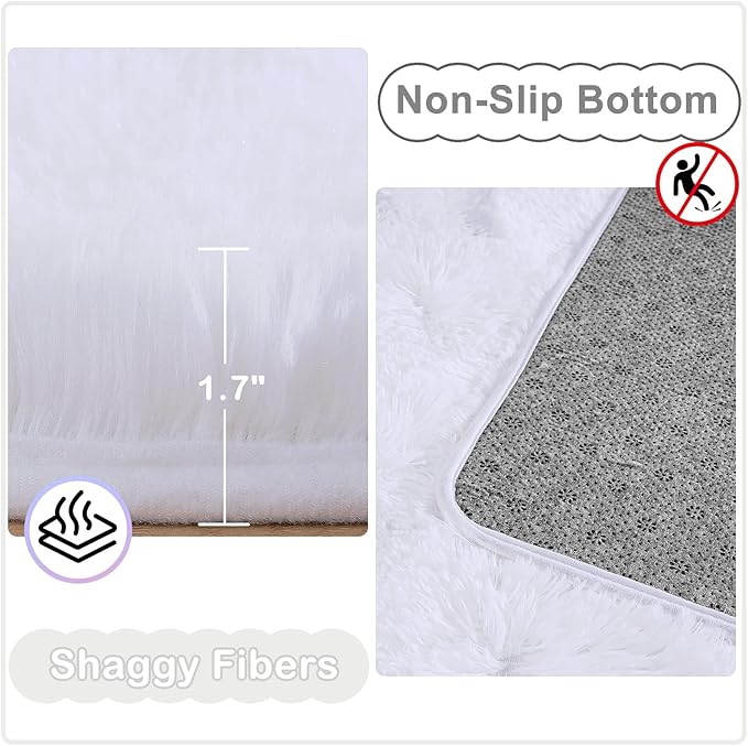 Ompaa Fluffy Runner Rugs, 2x4 Feet White, Super Soft Shaggy Carpet Fuzzy Long Fur Rug for Bedroom Living Room Dorm, Plush Kids Playroom Baby Girls Nursery Decor Mats