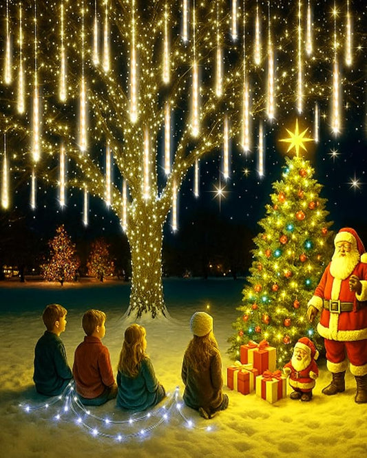 Aokudoni Warm White Christmas Lights Meteor Shower Lights Outdoor 24-Tube 576 LED Snowfall Icicle Cascading Rain Light Christmas Decorations for House Tree Yard Roof Patio Porch Stair, UL Plug