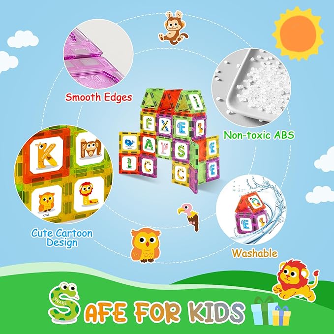 Magnetic Tiles Letters Learning Toys, Animals Alphabet ABC Magnets for Kids 1-3 2-4 3-5, Toddlers Classroom Must Haves Construction Stacking Toys, Teacher Educational Supplies for Preschool Spelling