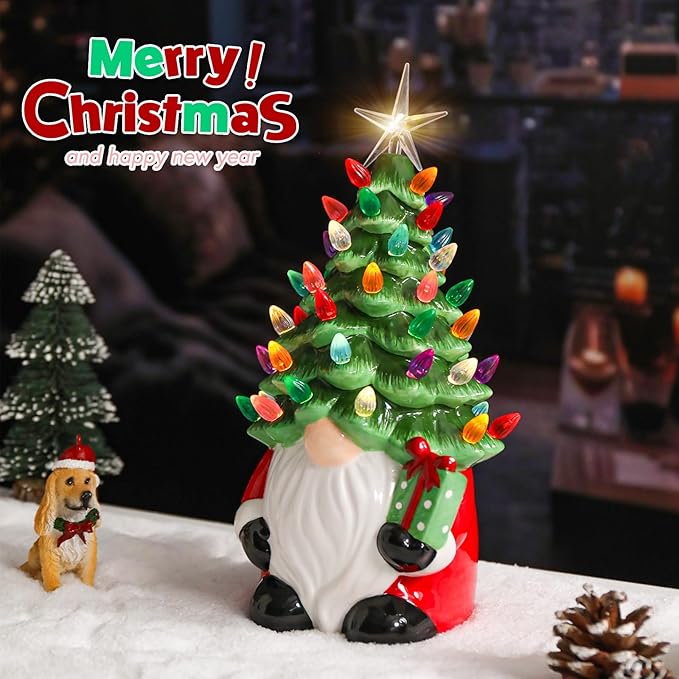 Small Ceramic Christmas Tree Hand-Painted Vintage Tabletop Christmas Tree Holiday Decoration with Multi-Color Lights Green Gnome 11 inch