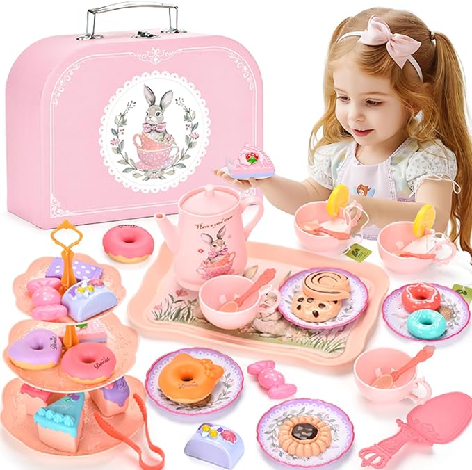 Kids Tea Party Set for Little Girls & Toddlers – Bunny Kitchen Toy & Pretend Play Set with Teapot, Cups, Plates, Desserts & Case | Princess Birthday Gift, Easter Basket Stuffer for Ages 3-5