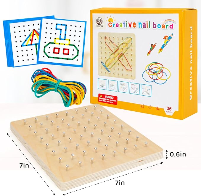 2Pack Wooden Geoboard,Montessori Toy,Graphical Mathematical Education Toy for Kids with Pattern Cards and Rubber Bands to Figures and Shapes, Brain Teaser STEM Toy Geo Board.