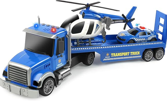 Dwi Dowellin 27" Large Friction Powered Police Truck Toy with Car and Helicopter,Semi Truck Toys for 3 4 5 6 Years Old Toddlers Kids Boys & Girls Gift