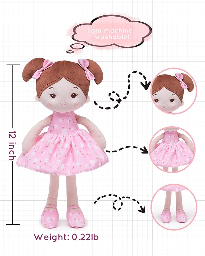 Soft Baby Doll Toys (12''), My First Baby Rag Doll for 1 Year-Old Girl Birthday Gift, Christmas Plush Toys Gift for Toddler Kids Infants -FloraBelle(Pink)
