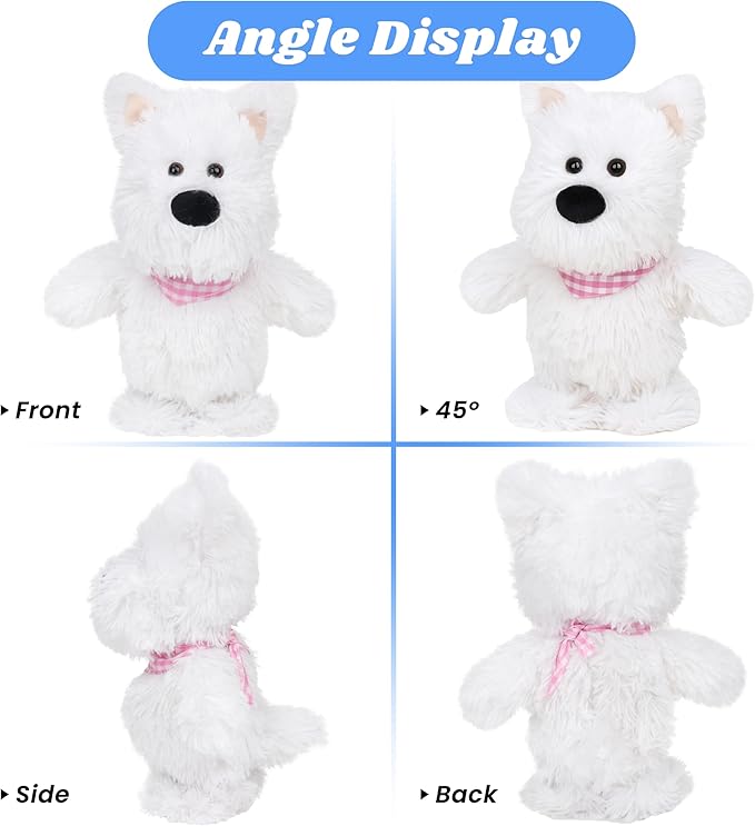 Hopearl Talking Singing Westie with Pink Bib Repeats What You Say Dog Walking Puppy Electric Interactive Animated Toy Speaking Plush Buddy Gifts for Toddlers, White, 9''
