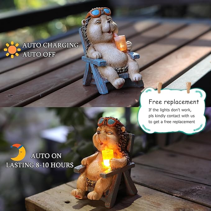 Hedgehog Statue Outdoor Solar Garden Decor for Outside Lawn Yard Patio, Home Office Fall Halloween Decorations Indoor Lights, Ideal Ornaments Birthday Gifts for Mom Women Grandma