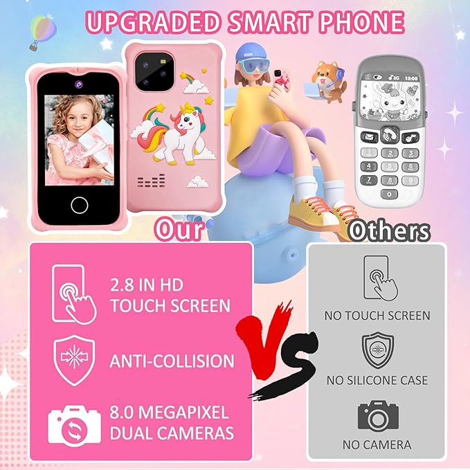 Kids Smart Phone, Christmas Birthday Gifts for Girls Age 3-12, 2.8" Touchscreen Toddler Learning Play Toy Phone with Dual Camera, Game, Music Player, 32GB Card （Pink）