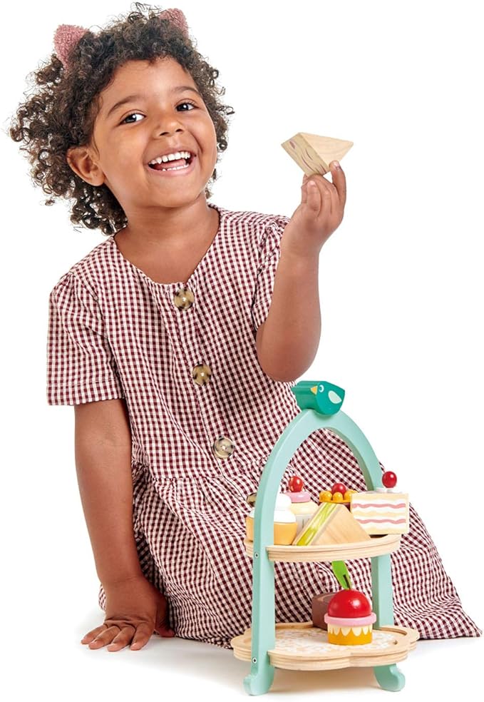 Tender Leaf Toys - Mini Chef Birdie Afternoon Tea Stand – Realistic English Sandwich, Cake and Pastry Tower for Pretend Play High-Tea Party - Social, Creative, and Imaginative Role Play - Age 3+