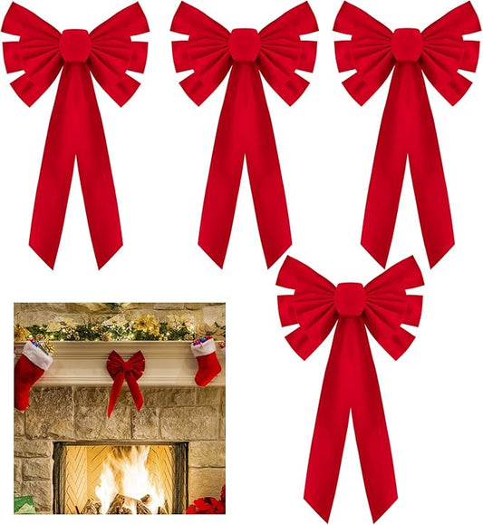 4 Pcs Medium Red Bows Christmas Tree Decor - 21"×9" Velvet Red Bows with Golden Tie, Easy Hanging for Window/Stairs/Porch/Gifts Warp/Party Supplies