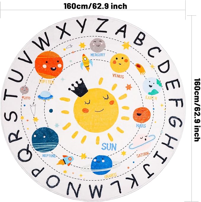 ABC Kids Rug,5.2 ft Washable Nursery Rug,Soft Plush Educational Circle Rug,Non-Slip Solar System Alphabet Rug for Classroom playroom Bedroom Kids Room Decor