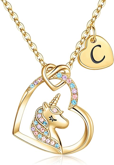Hidepoo Stocking Stuffers for Teen Girls Kids - Colorful CZ Heart Pendant Initial Unicorn Necklaces for Girl Jewelry Birthday Gift Christmas Gifts for Grandkids Girls Kid