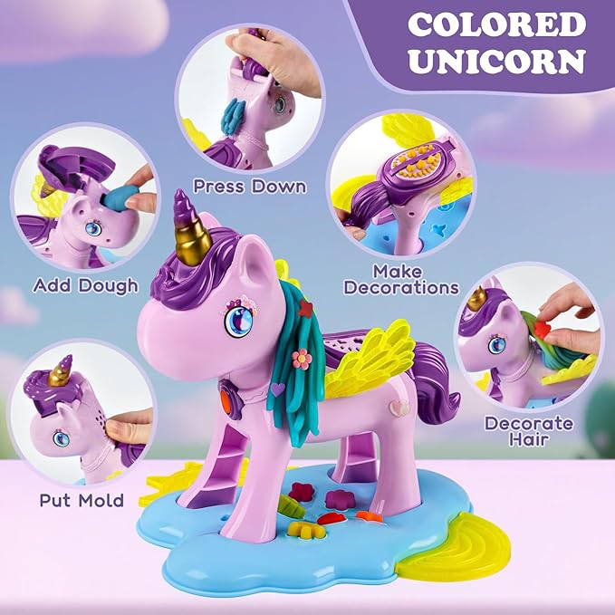 60 PCS 3 in 1 Dough Sets for Kids Ages 3-4-8, Art Crafts Dough Tools Kit, Unicorn Hair Stylist, Ice Cream Playset Hamburger Maker Machine, Kitchen Creations Food Play Toys Boys Girls