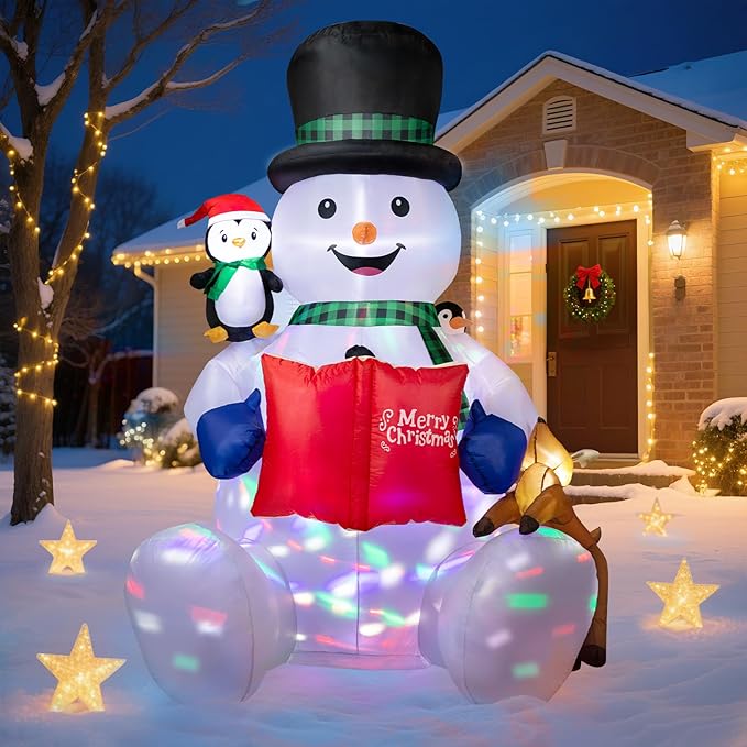 Dawdix 7 FT Christmas Inflatable Snowman Outdoor Decorations, Blow up Snowman Yard Decor Built-in Colorful Rotating LED, Penguin & Reindeer Christmas Decoration, Xmas Holiday Decor for Garden Lawn