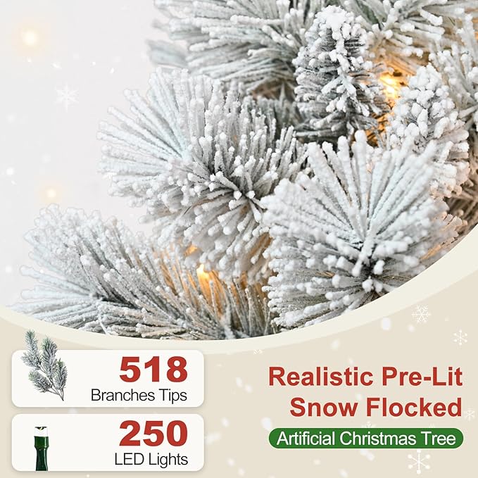 5 Ft Prelit Snow Flocked Christmas Tree with 250 Warm LED Lights, Premium Holiday Artificial Xmas Tree with 518 Realistic Branch Tips, Metal Stand for Indoor Home/Office Decor (Easy Assembly)