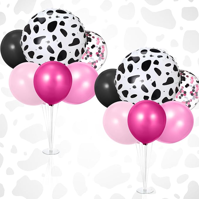 2 Sets Pink Cow Birthday Party Decorations Cowgirl Table Centerpiece Rose Red Pink Black Balloon Stand Kit with Large Cow Print Foil and Latex Balloon for Baby Shower Farm Wedding Supplies