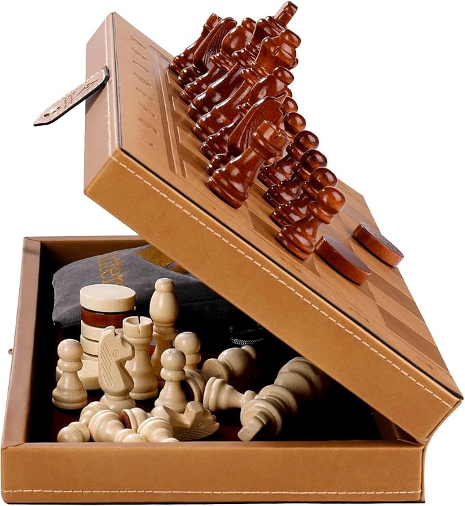 2 in 1 Magnetic Chess Set & Checkers Board Game, 15" Handmade Folding Chess Board, Portable Travel Chess Set, Beginner Chess Board Game for Adults & Kids (15 Inch)