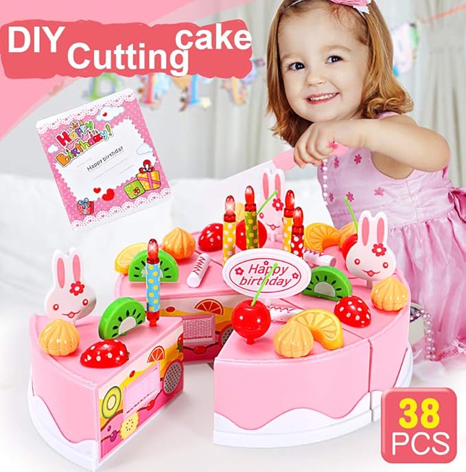 38 PCS DIY Cutting Birthday Party Cake Pretend Play Kitchen Food Set, Pink/Blue Fruit Cutting Toys for Girls Boys Gift (38PCS Pink)