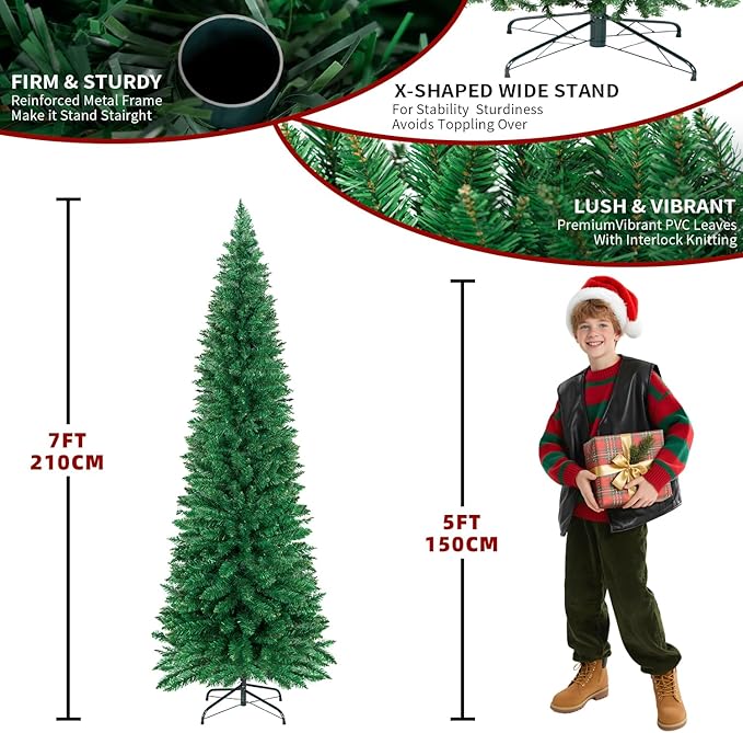 7FT Christmas Tree,Artificial Pencil Christmas Tree with 448 Branch Tips,Xmas Tree with Solid Metal Foldable Stand Perfect for Indoor&Outdoor,Christmas Decoration for Party by DNKMOR