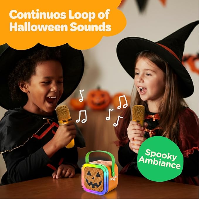 Move2Play, Halloween Karaoke Machine | Spooky Soundtrack & Voice Effects | Includes 2 Microphones | Bluetooth Wireless Music Player | Indoor & Outdoor Halloween Decoration for Kids & Adults