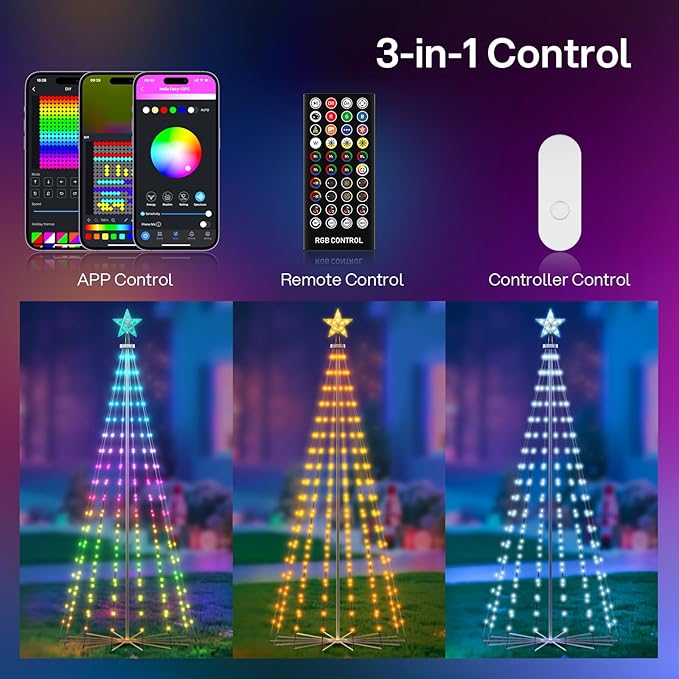 REYLAX 8FT Outdoor Christmas Cone Tree with 340 LEDs, RGB Color Changing Pre-lit Smart Christmas Tree Lights, DIY Lightshow, Music Sync, Outdoor Decoration Lights, App & Remote Control