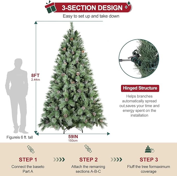 Christmas Tree 8ft, PLuxury Pine Needle -Premium Christmas Trees Flocked Trees - Artificial Xmas Tree