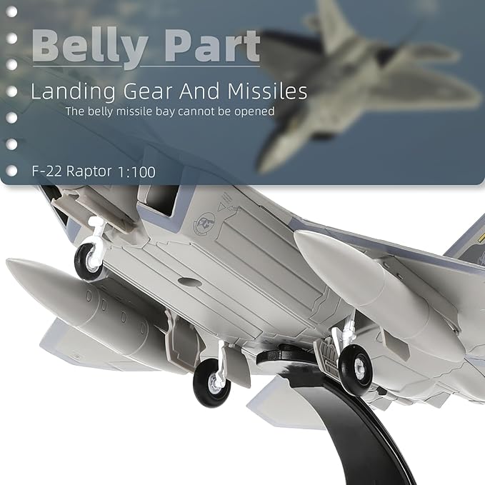 F-22 Raptor 1/100 Scale Diecast Metal Fighter Jet Model Stealth Combat Airplane Air Force Aircraft Alloy Model with Stand for Adult Military Collections or Gift (FF 03046)
