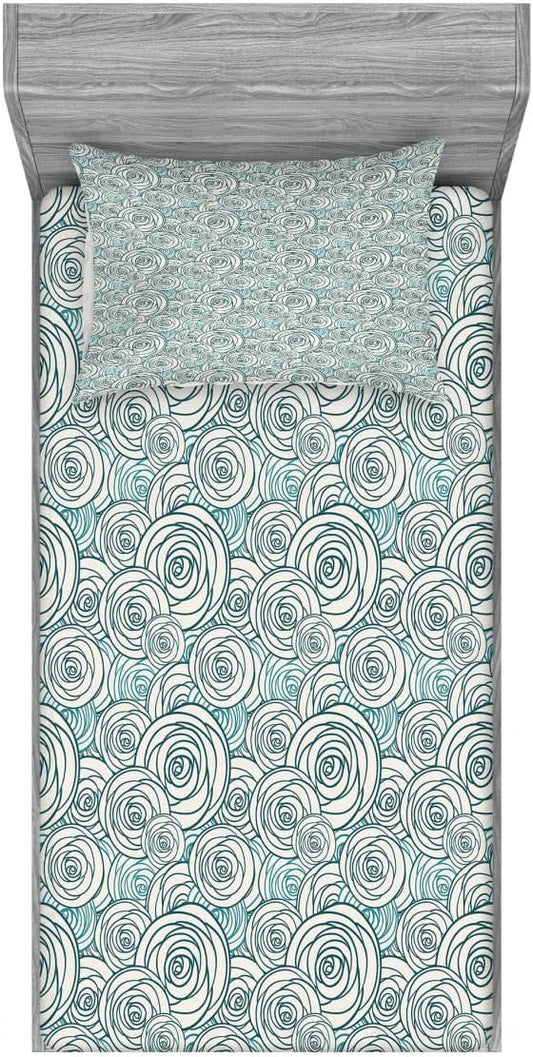 Ambesonne Rose 2 Pack Fitted Sheet & Pillow Sham Set, Doodle Outlines of Flowers, 4 Pcs Bedding Decor, Package Contains 2 Twin Size Fitted Sheets & 2 Pillow Covers, Dark Teal Teal and Cream
