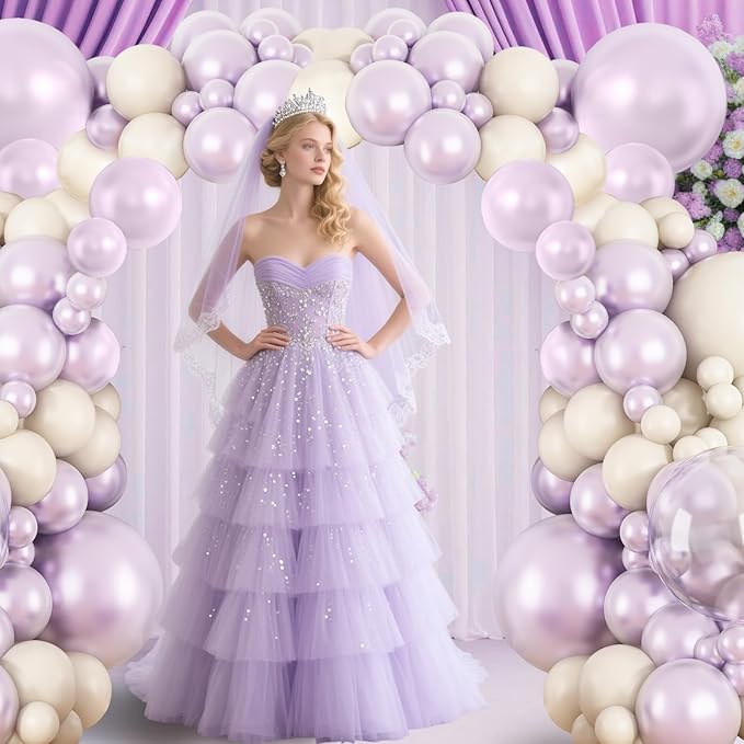Pearl Purple Balloon Arch Kit, Double Stuffed Lavender Sand White Balloon Garland Different Sizes 18/12/10/5 Inch Pearl Balloons for Wedding Bridal Shower Anniversary Birthday Party Decor