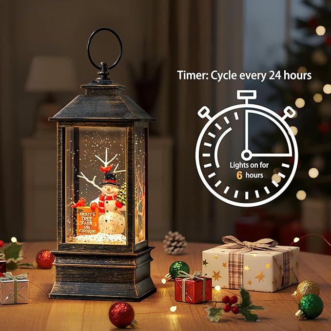 Christmas Snow Globe Lantern Water Glittering Snowman Christmas Tree Crown with Music, USB Lined Operated Lighted Lantern for Christmas Festival Decoration Gifts