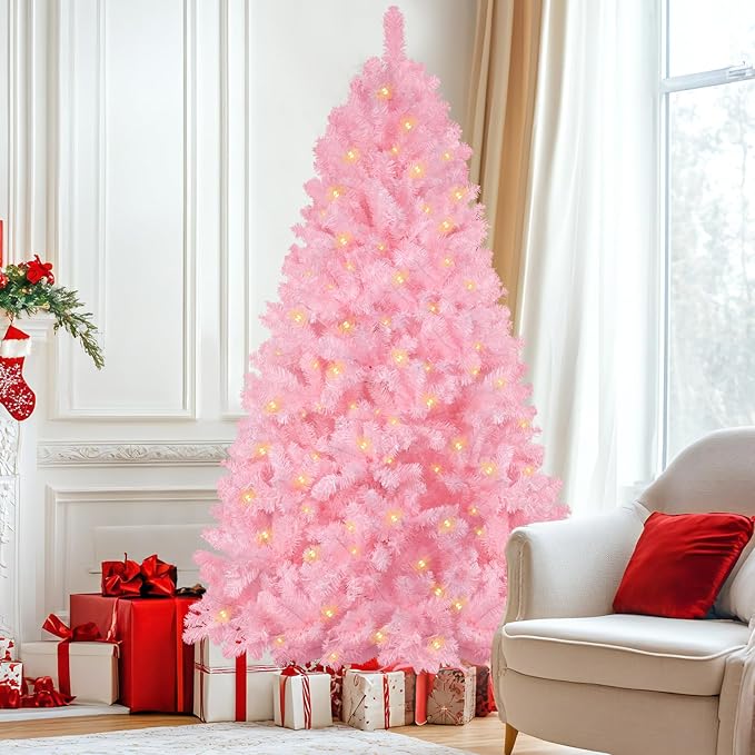 Annecy 6ft Pre-Lit Christmas Tree, Pink Artificial Full Spruce Christmas Tree for Home, Office, Party Decoration w/ 970 Branch Tips, 250 Warm White & Multi-Color Lights, Metal Hinges & Base, Pink 6ft