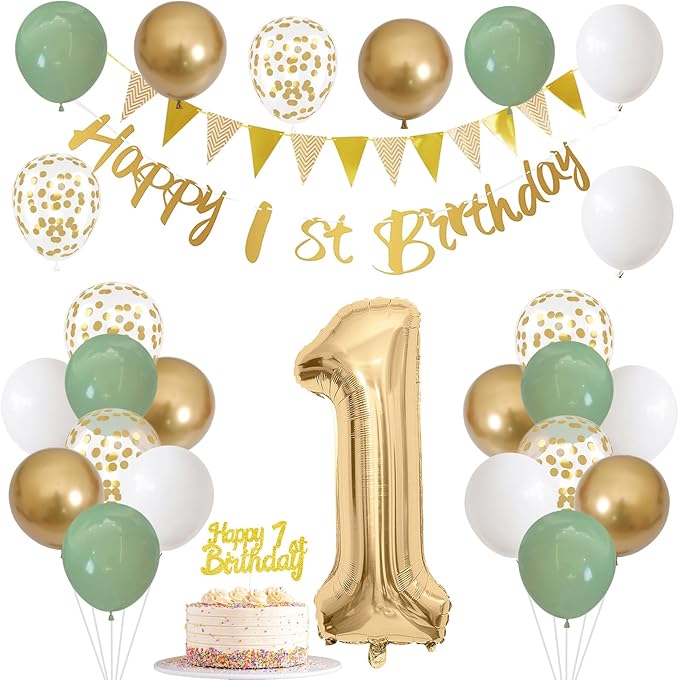 1st Birthday Decorations for Boys Girls, Sage Green White Gold Birthday Balloons with Happy 1st Birthday Banner First Birthday Cake Decoration Number 1 Balloon for Baby 1 Year Old Birthday Party Decor