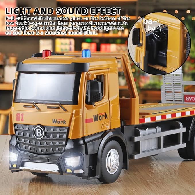 Tow Truck Toys for Boys Metal Diecast Tow Trucks Model,Construction Truck Toys with Simulated Sounds and Lights,Flat Liftable and Extendable Toy Tow Trucks,Trailers for 3 Year Old Boys