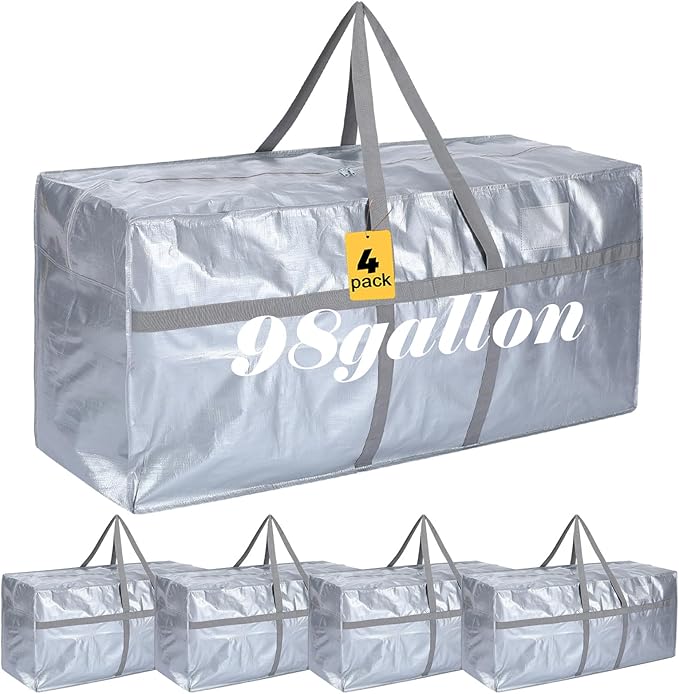 Windyun 4 Pack 98 Gallon Extra Large Storage Bags XXL Moving Bags with Zipper Handles Heavy Duty Jumbo Big Totes Box for Halloween Skeleton 4-12 Feet Christmas Tree Storage College Dorm Cloth (Silver)