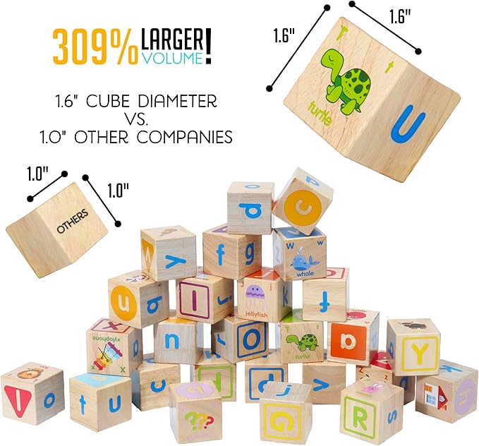 Montessori Mama Wooden Blocks for Toddlers 1-3 - Large 1.6" Hardwood Stacking Blocks with Letters, Shapes, Colors, and Images - Perfect for Early Development and Play