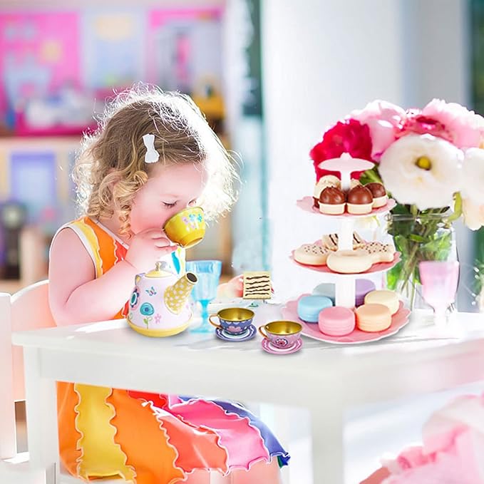 Tea Party Set for Little Girls, Pretend Dessert Food Set for Kids Age 3 4 5 6 7 8 9, Kids Kitchen Pretend Play Dessert Set for Girls Princess Boys