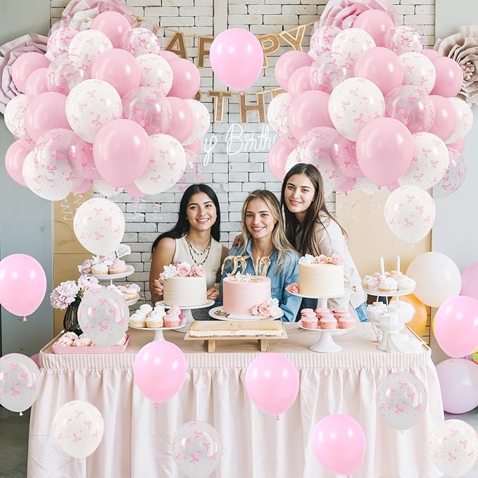 Pink Bow Balloons, 12 Inch Pastel Light Pink Transparent White Bow Print Coquette Balloon for Girls Women Birthday Bachelorette Party Bridal Baby Shower Wedding Anniversary Decorations Supplies