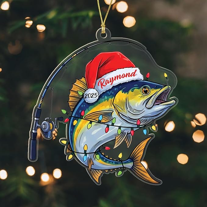 Personalized Year & Name Fishing Lover Christmas Tree Ornament Gifts for Men Dad Grandpa Uncle Husband, Customized Fishing Player Christmas Ornament Decor, Novelty Fish Shaped Xmas Ornaments 2025