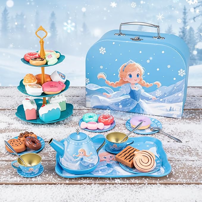 Tea Party Set for Little Girls, 49PCS Princess Tea Time Toys Including Teaset Dessert Carrying Case, Kids Pretend Play Kitchen Toys, Toddler Girl Birthday Gifts for 3-8 Year Old, Snowflake