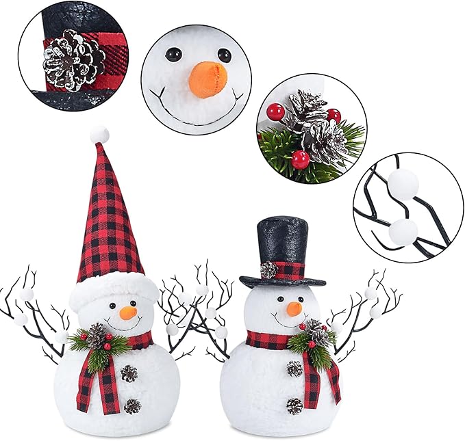 2 Pack Christmas Table Decorations, 14" Lighted Plush Snowmen Christmas Trees with Pine Cone Twigs, Light Up Snowman Holiday Present, Battery Operated Xmas Gifts Tabletop Ornaments (Black and Red)