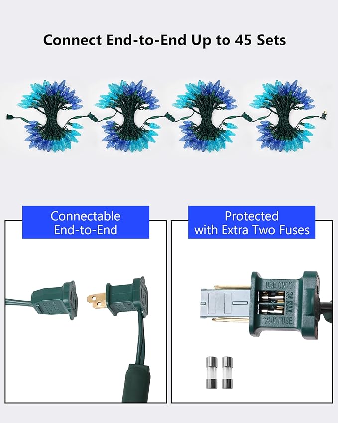 C9 LED Christmas String Lights, 33.33ft 50 LED Outdoor Indoor Decorative Light Strand, Xmas Holiday Lights for House, Christmas Tree, Patio, Party Decoration, Turquoise & Ice Blue, UL Listed