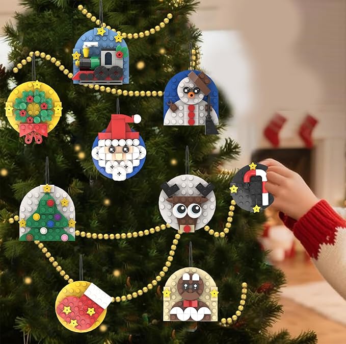 Christmas Ornaments Building Set Compatible with Lego, Christmas Tree, Wreath, Santa, Snowman, Gingerbread, Reindeer,Christmas Stocking, Small Train,Cane,Toy Gifts for Boys Girls Kids