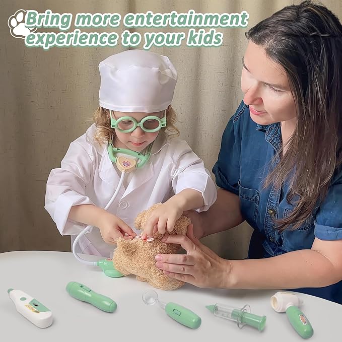 Liberry Doctor Kit for Toddlers 3 4 5 6 Years Old, 26 Pcs Kids Doctor Playset with Dog Toy, Stethoscope and Dress Up Costume, Pretend Play Medical Gift for Boys Girls (Green)