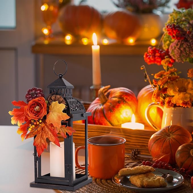 NEEDOMO Fall Decorations for Home, 15'' Fall Lantern Indoor Outdoor Thanksgiving Decor, Vintage Metal Hanging Candle Holders with Fall Teardrop Wreath and LED Candle for Patio, Porch, Table