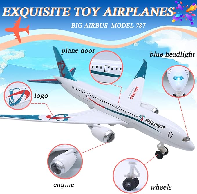 OTONOPI Airplane Toys Bump and Go Airlines Die Cast Metal Model Plane Toy with Lights and Sounds for Kids LightBlue
