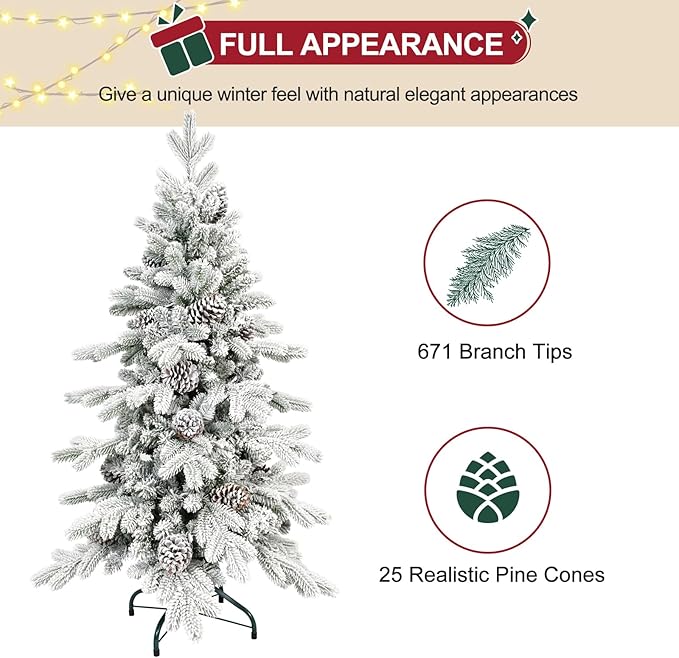 5 FT Snow Flocked Slim Fir Christmas Tree with 671 PE & PVC Mixed Branch Tips,Unlit Artificial Skinny Pencil Xmas Tree with 25 Pine Cones,Hinged Premium Xmas Trees for Home,Office,Party Decoration