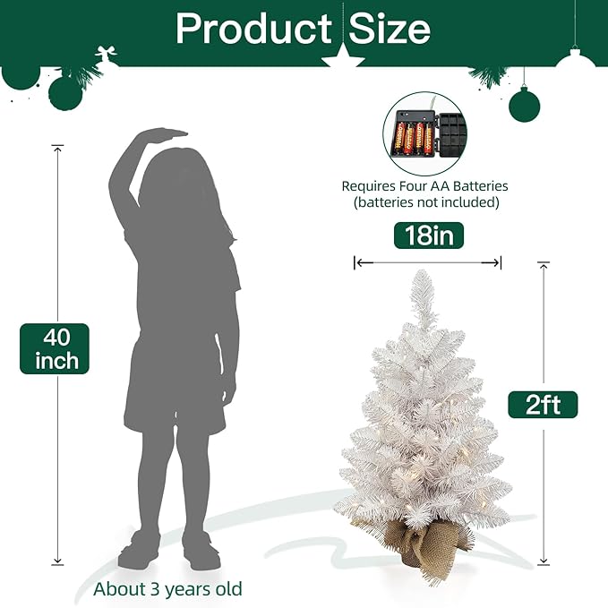 Pre-Lit White Christmas Tree, 2ft Christmas Tree with 50 Led Warm Lights, Artificial Christmas Tree with 72 Branch Tips, Battery Operated Small Xmas Tree for Table Desk Best Holiday Home Decorations