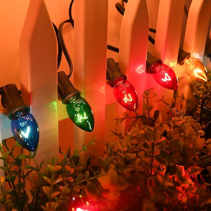C7 Multicolor Christmas Lights Outdoor, 25FT Vintage Christmas Light Green Wire with 25+2 Clear Multicolored Bulbs, Outdoor String Lights for Xmas Tree Home Yard Wedding Party Decorations